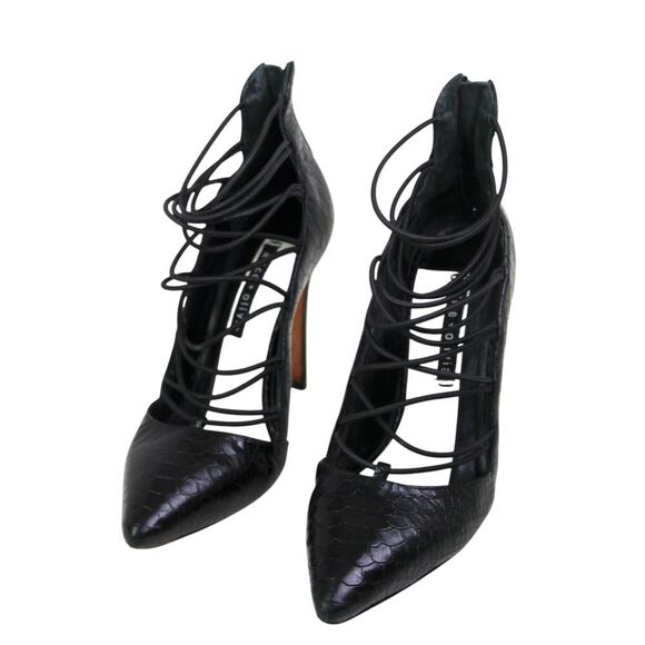 Alice + Olivia BLACK REAL LEATHER HIGH HEEL POINTED STRAPPY ZIP PUMP SHOES Sz 39 - Picture 2 of 11